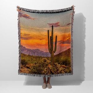 Desert Sunset Cactus Art Woven Blanket Throw Tapestry Cotton Knitted Wall Art Living Room Couch Bed Blanket image 3