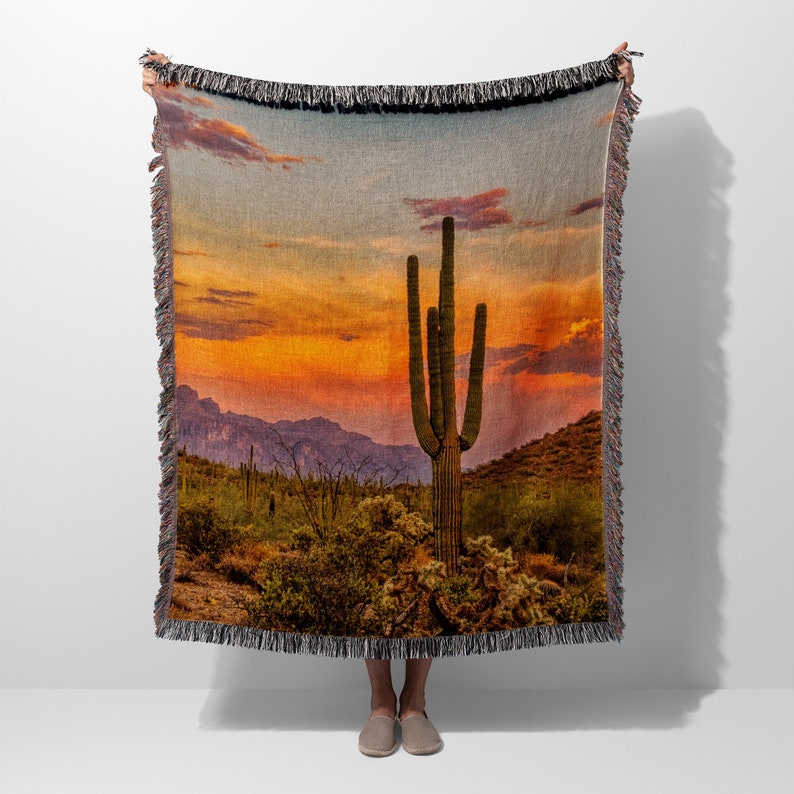 Desert Sunset Cactus Art Woven Blanket Throw Tapestry Cotton Knitted Wall Art Living Room Couch Bed Blanket image 3