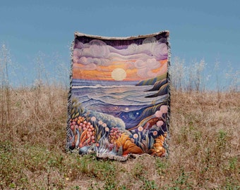 Sea Life Sunset Beach Ocean Woven Blanket Throw Tapestry Cotton Knitted Wall Art Living Room Couch Bed Blanket