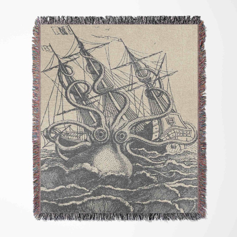 Nautical Kraken Pirate Ship Woven Blanket Throw Tapestry Cotton Knitted Wall Art Living Room Couch Bed Blanket image 2