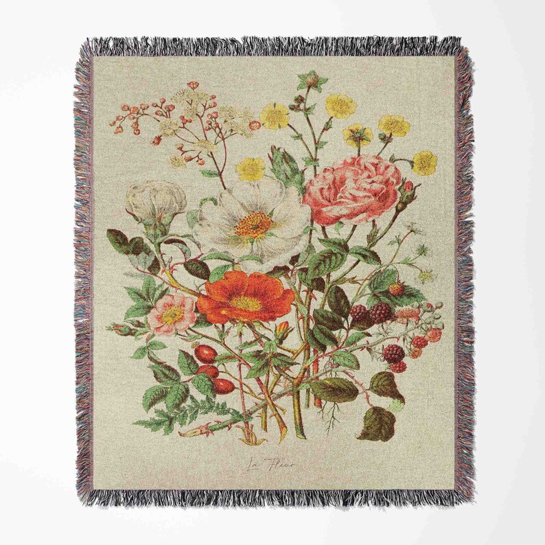 Wild Flowers Vintage Floral Woven Blanket Throw Tapestry Cotton Knitted Wall Art Living Room