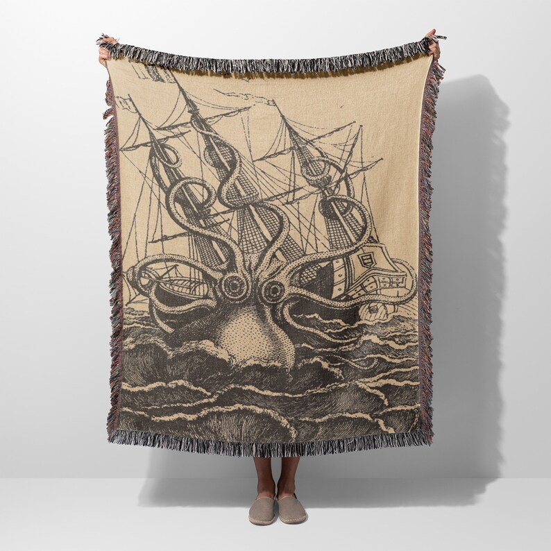 Nautical Kraken Pirate Ship Woven Blanket Throw Tapestry Cotton Knitted Wall Art Living Room Couch Bed Blanket image 3