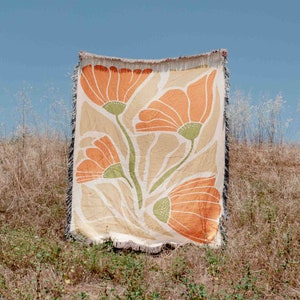 Vintage California Poppy Woven Blanket Throw Tapestry Cotton Knitted Wall Art Living Room Couch Bed Blanket