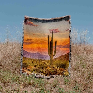 Desert Sunset Cactus Art Woven Blanket Throw Tapestry Cotton Knitted Wall Art Living Room Couch Bed Blanket image 1