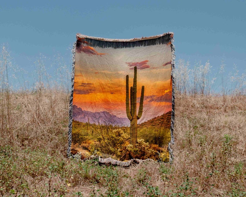 Desert Sunset Cactus Art Woven Blanket Throw Tapestry Cotton Knitted Wall Art Living Room Couch Bed Blanket image 1