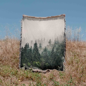 Misty Forest Mountain Trees Woven Blanket Throw Tapestry Cotton Knitted Wall Art Living Room Couch Bed Blanket image 3