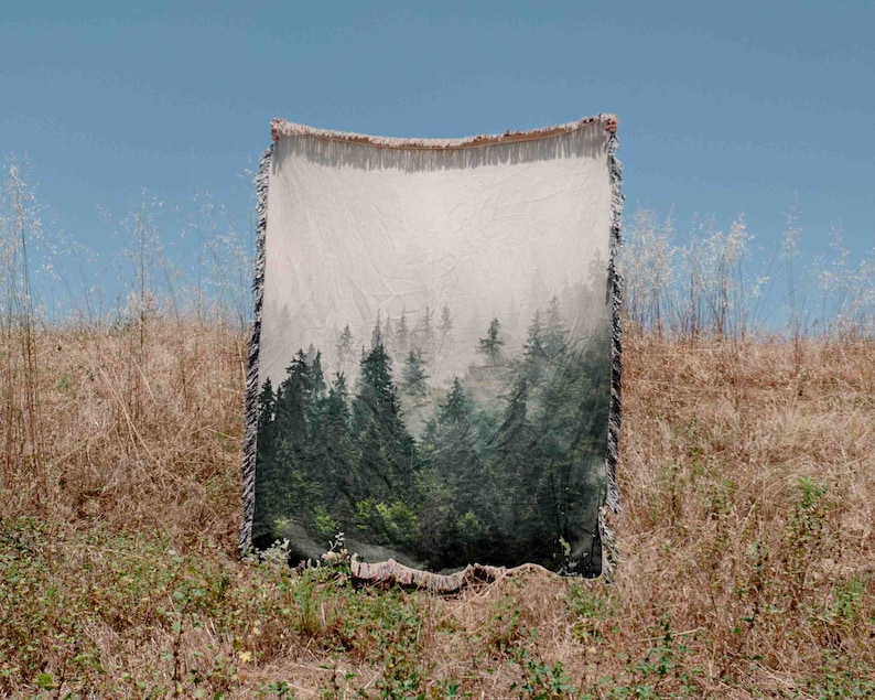 Misty Forest Mountain Trees Woven Blanket Throw Tapestry Cotton Knitted Wall Art Living Room Couch Bed Blanket image 3