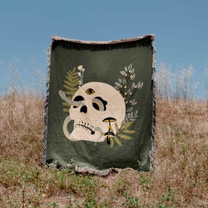 HalloweenSnake Skull Mystical Green Woven Blanket Throw Tapestry Cotton Knitted Wall Art Living Room Couch Bed Blanket