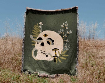 Snake Skull Mystical Green Woven Blanket Throw Tapestry Cotton Knitted Wall Art Living Room Couch Bed Blanket