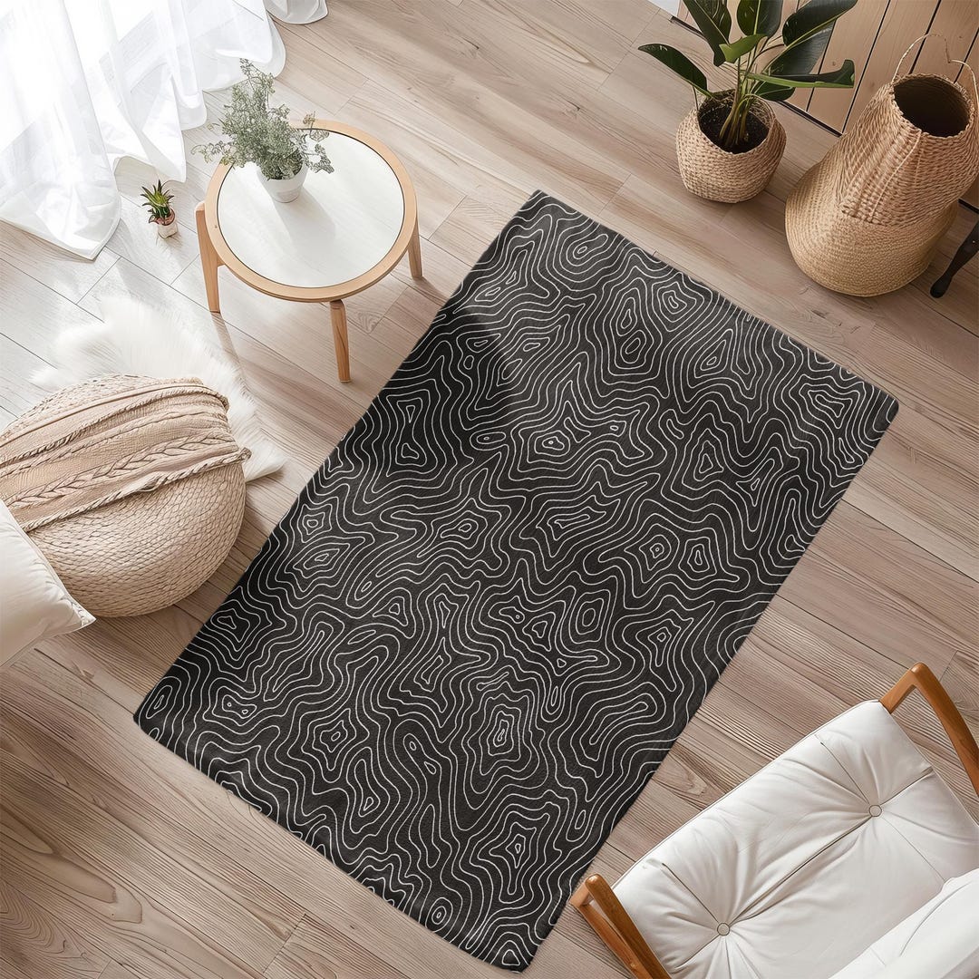 Topographic Map Black Rug | Beach House Carpet | Indoor Outdoor Floor ...