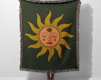 Bohemian Sun Art Green Woven Blanket Throw Tapestry Cotton Knitted Wall Art Living Room Couch Bed Blanket