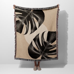 Monstera Leaf and Moon Woven Blanket Throw Tapestry Cotton Knitted Wall Art Living Room Couch Bed Blanket