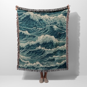 Ocean Waves Sea Woven Blanket Throw Tapestry Cotton Knitted Wall Art Living Room Couch Bed Blanket image 1