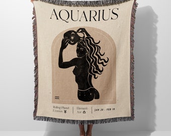 Aquarius Zodiac Sign Horoscope Witchy Woven Blanket Throw Tapestry Cotton Knitted Wall Art Living Room Couch Bed Blanket