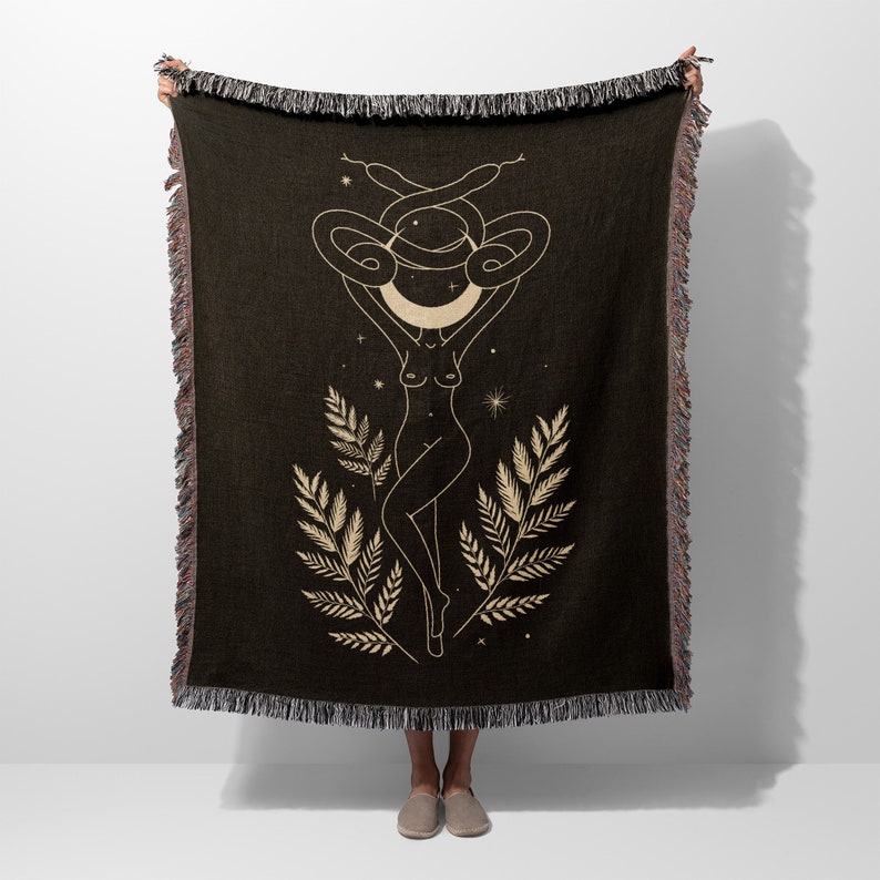 Witchy Woman Snake Minimalist Black Woven Blanket Throw Tapestry Cotton Knitted Wall Art Living Room Couch Bed Blanket image 1