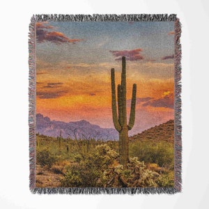 Desert Sunset Cactus Art Woven Blanket Throw Tapestry Cotton Knitted Wall Art Living Room Couch Bed Blanket image 2