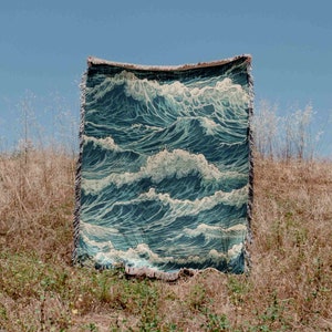 Ocean Waves Sea Woven Blanket Throw Tapestry Cotton Knitted Wall Art Living Room Couch Bed Blanket image 2