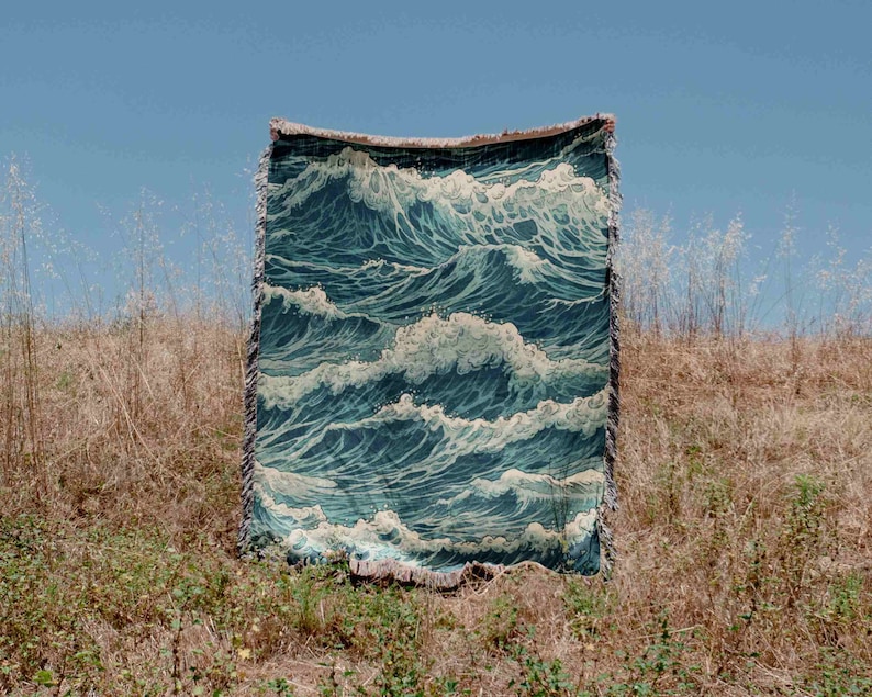 Ocean Waves Sea Woven Blanket Throw Tapestry Cotton Knitted Wall Art Living Room Couch Bed Blanket image 2