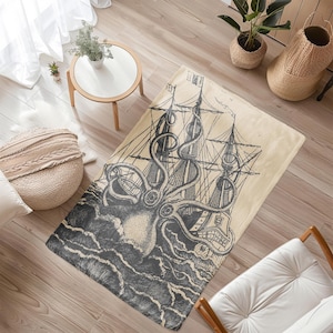 May include: A black and white illustration of an octopus attacking a ship on a beige rug. The octopus has eight tentacles and the ship has three masts. The rug has a vintage look.