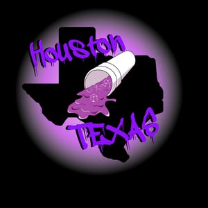 May include: Purple and white graphic design featuring the outline of the state of Texas with the words "Houston Texas" and a purple liquid pouring out of a white cup.