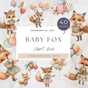 Clipart renard mignon avec ballon, art numérique pour enfants, conception d'animaux de la forêt, décoration de fête d'anniversaire, téléchargement PNG, célébration, graphiques