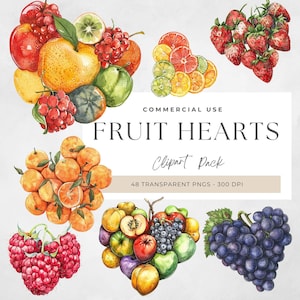 Clipart de coração de frutas de dia dos namorados, clipart romântico, aquarela de dia dos namorados, frutas em formato de coração, download digital para diários, gráficos fofos