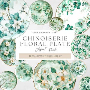 Chinoiserie Floral Plate Clipart, Vintage Design, Watercolor Clipart, Shabby Chic, Perfect for Invitations, Digital Scrapbooking, Elegant