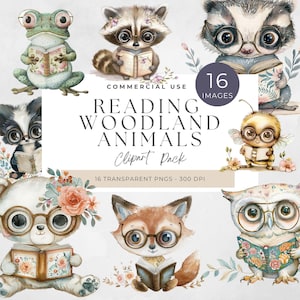 Animals Reading Books Clipart, Cute Woodland Animal Illustrations, Digital Download for Kids, Scrapbooking Art, Whimsical Nursery Decor, PNG
