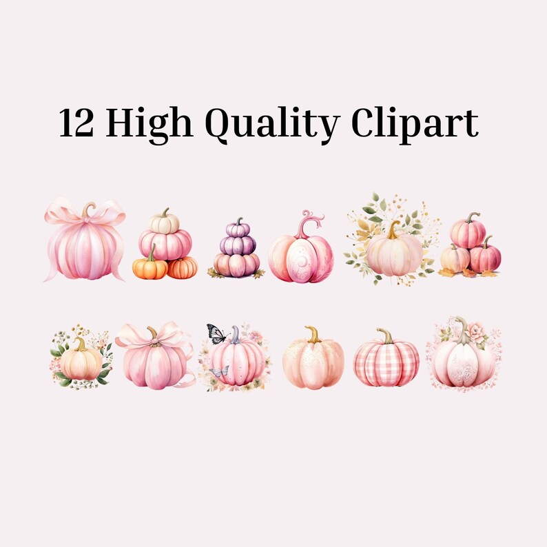 K&ouml;nnte beinhalten: Zw&ouml;lf Aquarell-Illustrationen von rosa K&uuml;rbissen mit verschiedenen Designs und Verzierungen, darunter Schleifen, Blumen und Karomuster. Die Illustrationen sind perfekt f&uuml;r herbstliche Bastelarbeiten und Projekte.