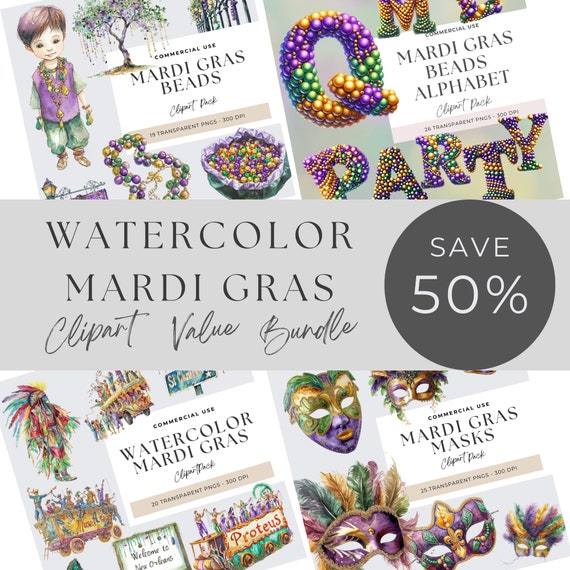 Mardi Gras Clipart Bundle, Watercolor Mardi Gras, Fleur Des Lis, Mardi Gras Mask PNG, Fat Tuesday, Carnival Papercrafts, And Printables