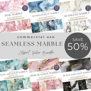 May include: A digital paper pack bundle featuring 100 seamless marble patterns in various colours, including pink, blue, teal, black, and gold. The bundle includes 32 pink marble patterns, 32 blue marble patterns, 31 white marble patterns, 27 teal and gold marble patterns, 36 pink and gold marble patterns, and 34 black and gold marble patterns. The text "COMMERCIAL USE SEAMLESS MARBLE Clipart Value Bundle SAVE 50%" is displayed on the image.