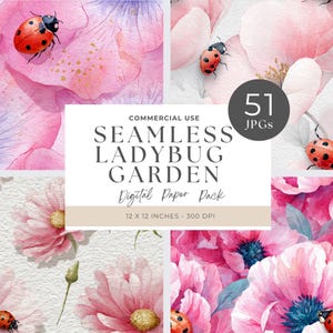 Lady Bug Seamless Pattern, Cute Floral Design, Digital Paper for Fabric, Spring Bugs, Repeating Background, Watercolor, Fabric, JPG, JPEG