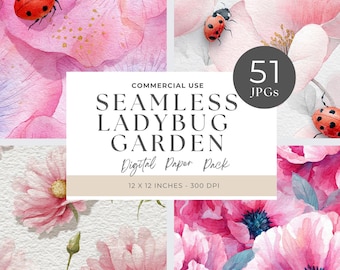 Ladybug Floral Seamless Pattern: Watercolor Fabric Background (JPG, JPEG Digital Download