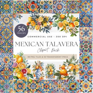 Mexikanische Talavera Clip Art Set, Schöne mexikanische Talavera-Fliesen, Mosaik-Design, niedliche Muster für Kunsthandwerk, einzigartige Kunst, Karte, einladen