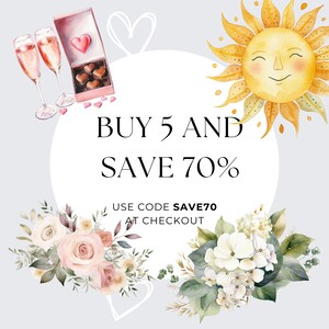 Puede incluir: Una ilustraci&oacute;n de acuarela de un sol con una cara sonriente, dos copas de champ&aacute;n, una caja de chocolates y arreglos florales. El texto "BUY 5 AND SAVE 70%" est&aacute; escrito en texto negro. Debajo del texto est&aacute; "USE CODE SAVE70 AT CHECKOUT".