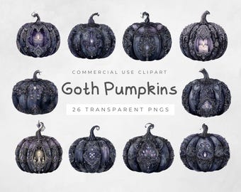 ゴシックな黒カボチャのクリップアート、不気味でかわいいハロウィーンのPNG、工芸品用のデジタルダウンロード、ゴシックアートコレクション