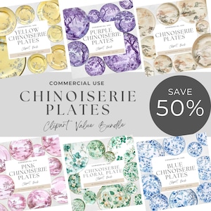 Chinoiserie Teller PNG Clipart, Vintage Aquarell Geschirr, Blau, Grün, Gelb, Pink, Lila, Neutral, Beige, asiatische Porzellankunst, Bundle