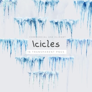 以下が含まれることがあります： 青と白のつららの水彩イラスト。画像には「Commercial Use Clipart」、「Icicles」、「16 Transparent PNGs」の文字が含まれています。つららは繰り返しのパターンで配置されています。