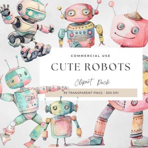 Cute Robot Clipart, Whimsical Bot Illustrations, Perfect for Kids Crafts, Robotics png, Vintage Watercolor Clipart, Unique Robot Design