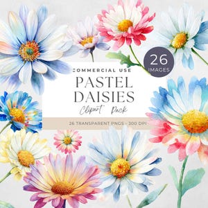 Daisy Clipart, Watercolor Floral Graphics, Printable PNG Designs, Pastel Daisies Clipart, Spring Elements, Junk Journal, Paper Crafts