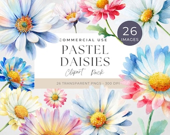 Daisy Clipart, Watercolor Floral Graphics, Printable PNG Designs, Pastel Daisies Clipart, Spring Elements, Junk Journal, Paper Crafts