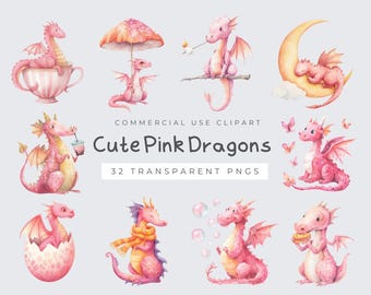Pink Dragon Clipart, Cute Watercolor Baby Dragon PNG, Fantasy Art for Nursery Decor, Digital Download Graphics