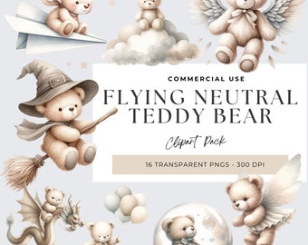 Flying Bear Clipart, Neutral Teddy Bear Watercolor Clipart, Baby Shower Clipart, Cute Illustration, Traveler Bear, Nursery PNG, Little Bear