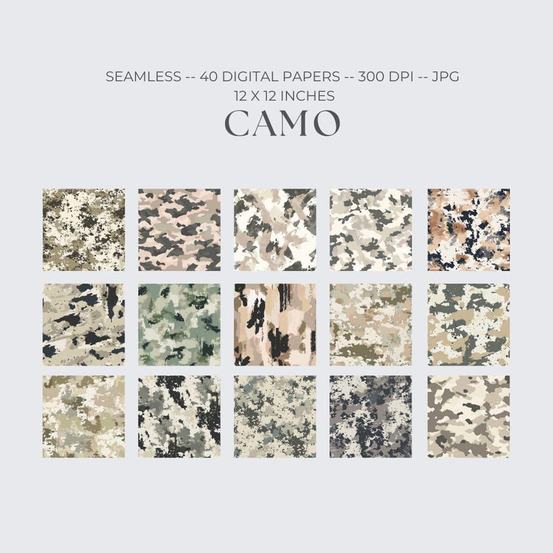 May include: A collection of 15 digital papers with camouflage patterns in various colors, including green, brown, and gray. The text "CAMO" is displayed below the papers, with details about the papers' size and resolution.