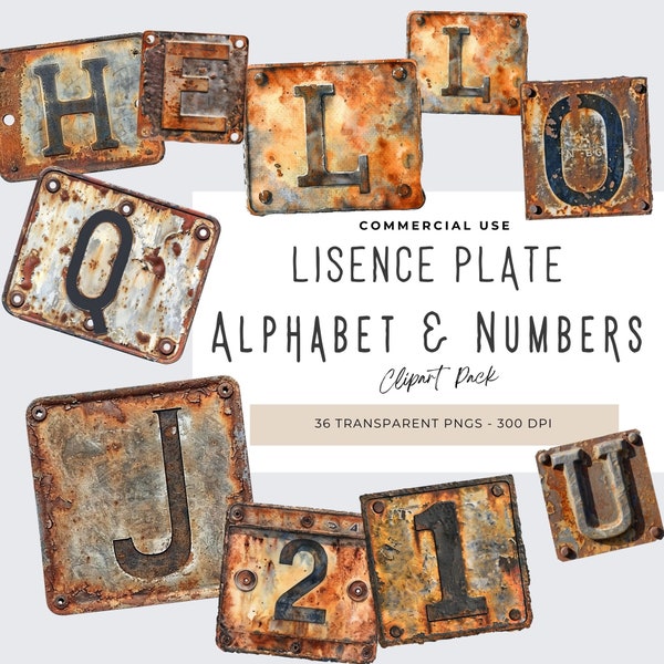 License Plate Alphabet png, Alphabet Uppercase Numbers Png, Rusty Car, Retro Alphabet Clipart Pack, Old Vehicle, Instant Digital Download