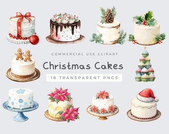 Kersttaart aquarel clipart, feestelijk dessert png, vakantiesnoepjes, digitale download voor ambachten