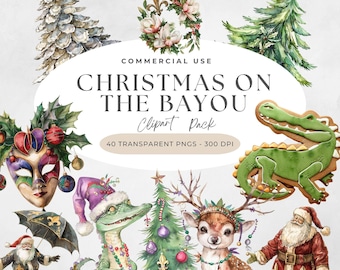 Cajun Christmas PNG, Christmas on the Bayou PNG, Louisiana Christmas PNG, Funny Alligator Santa Hat, New Orleans Clipart, Mardi Gras