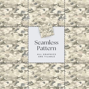 May include: A seamless camouflage pattern in shades of beige, gray, and brown. The design features an abstract, mottled effect, with the words "Seamless Pattern" and "All Graphics Are Tileable" in a white box.
