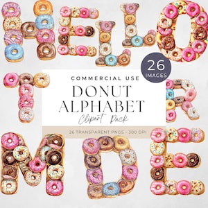 Donut lettres Clipart, PNG amusants, décorations d'anniversaire douces, téléchargement numérique pour fêtes d'enfants, fantaisie, ludique, adorable, amusant