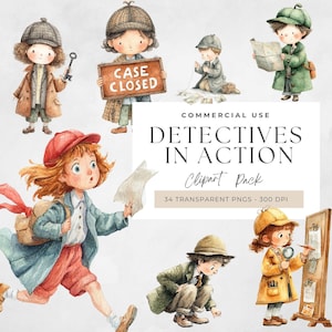 Detective Clip Art, Secret Agent Illustrations, Crime Scene Graphics, Digital Download PNG, Printable Art, Kids detectives, Sherlock, Spy